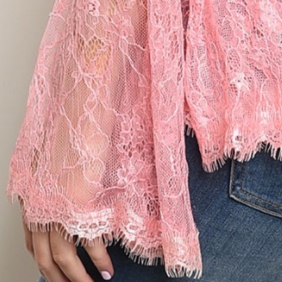 ❌DONATED❌Pink Overlay Lace Ruffled Hem Long Bell Sleeve Top - Picture 5 of 9